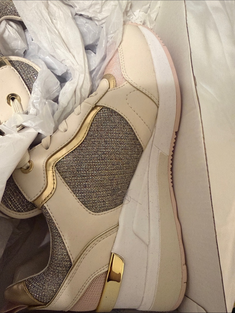 Michael Kors Cream, Pink & Gold Glitter Platform Sneakers - Picture 5 of 6